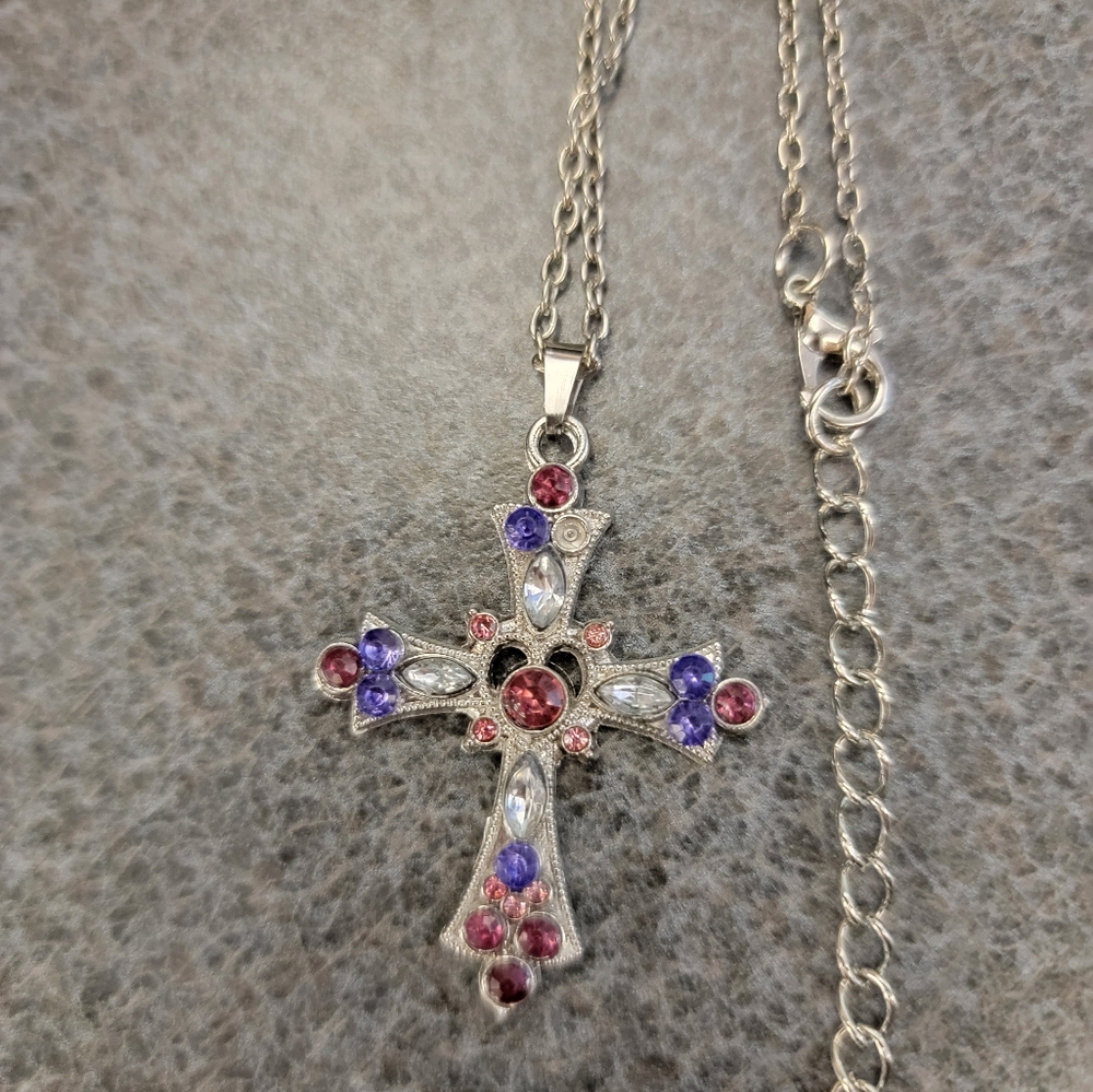 Ornate Silver and Pink Cross Necklace